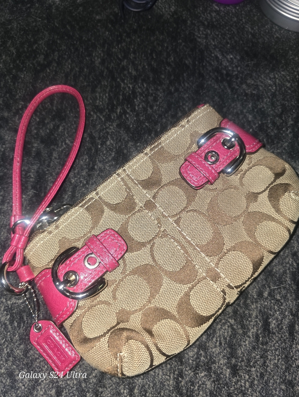 Coach Signature Buckle Canvas Wristlet in Pink and Tan - Picture 2 of 4